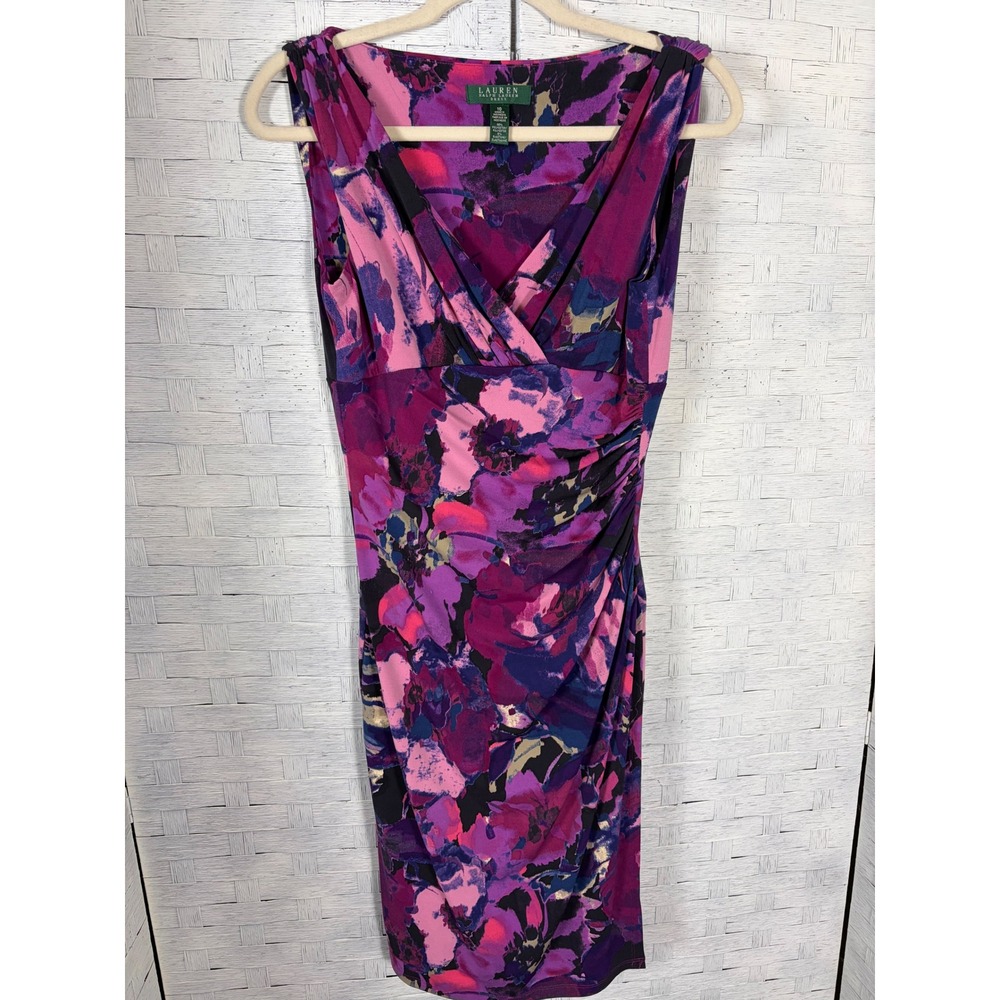 Lauren Ralph Lauren Dress Sheath Purple Floral Ruched Surplice V-Neck vintage